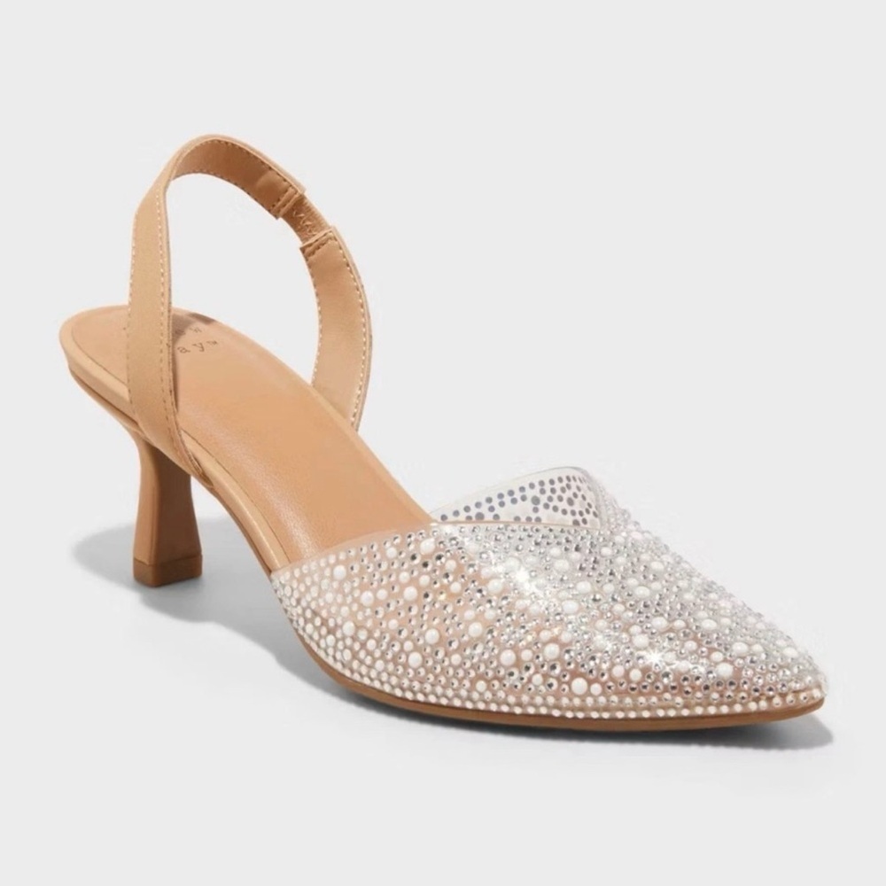 NEW A New Day Isabel Embellished Slingback Kitten Heel Clear Crystal sz 8.5
